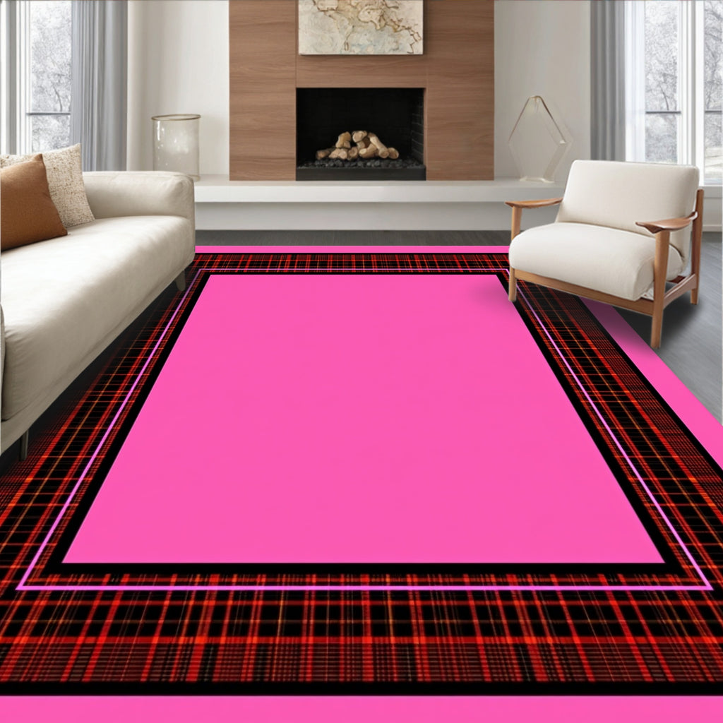 Retro Pink Plaid Bordered Squares Rug