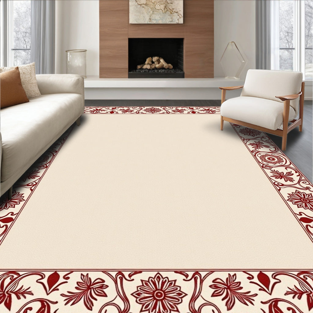 Crimson Floral Bordered Cream Rug