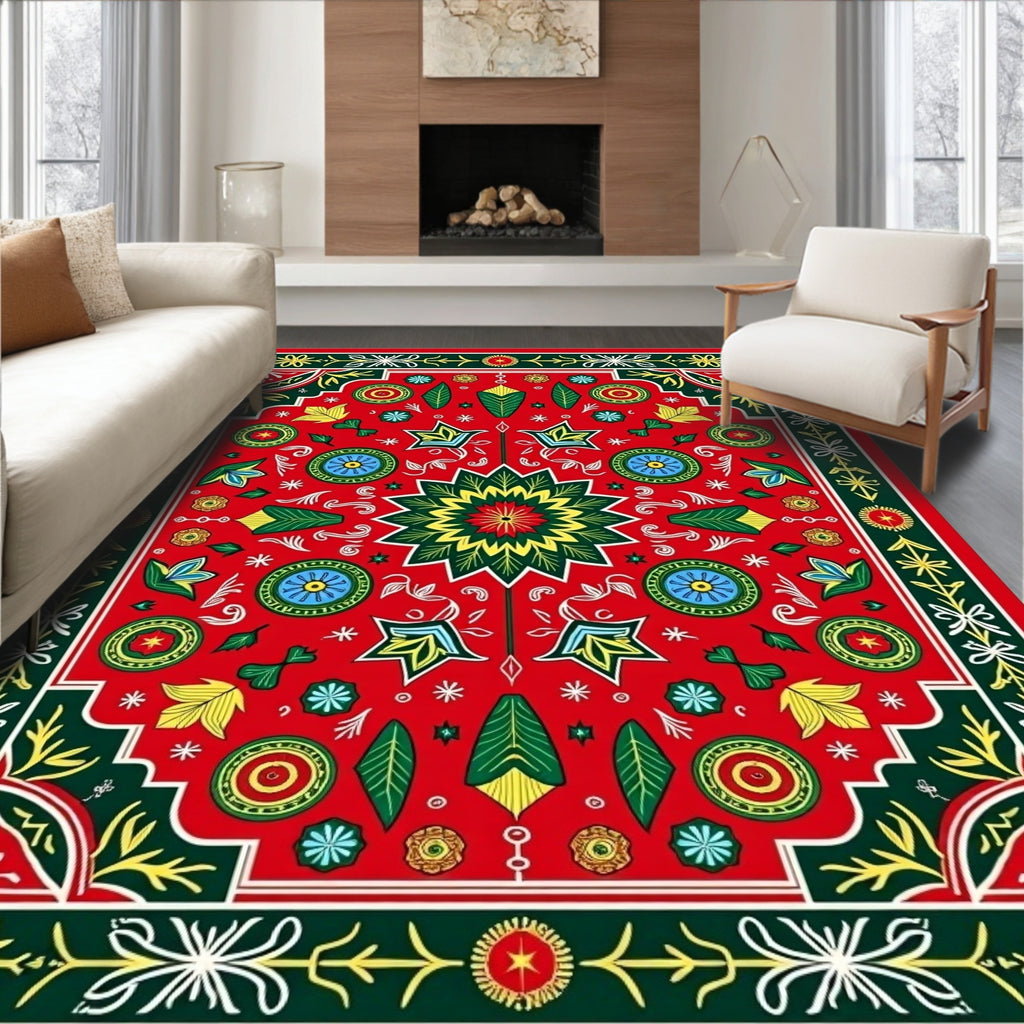 Bold Red Green Yellow Floral Medallion Rug
