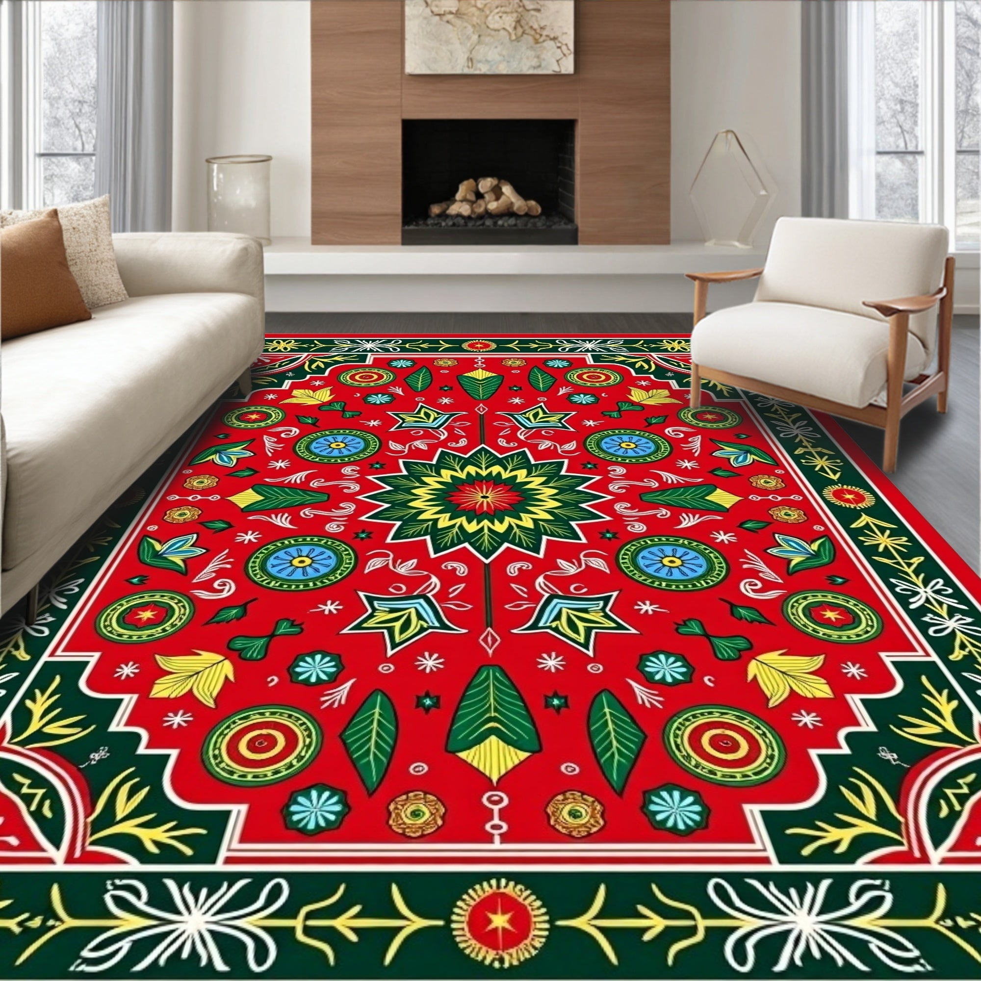 Bold Red Green Yellow Floral Medallion Rug