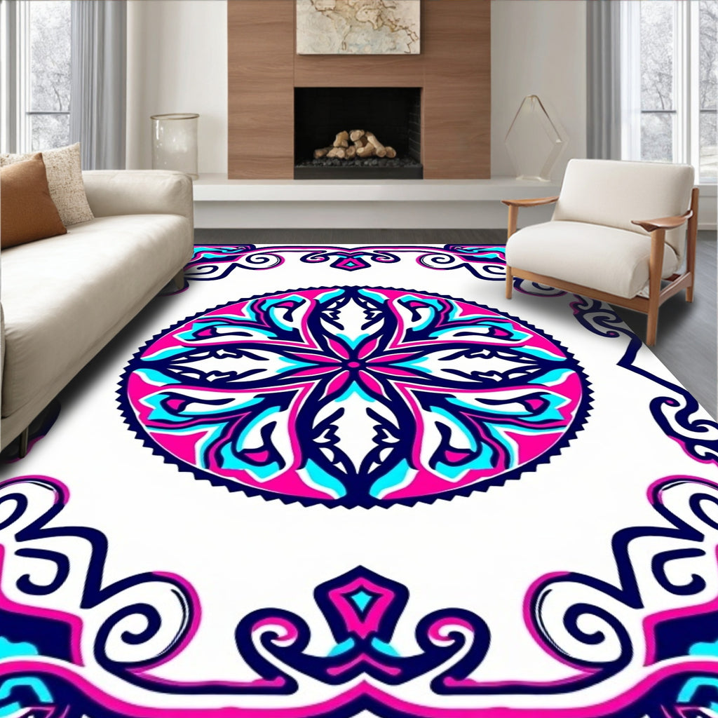 Vibrant Pink Teal Medallion Border Rug
