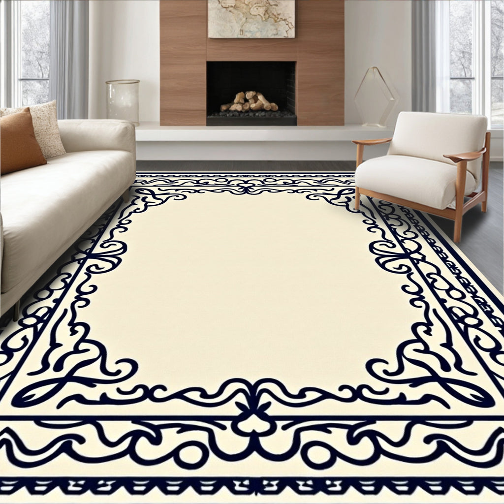 Dark Blue Ornate Scroll Border Rug
