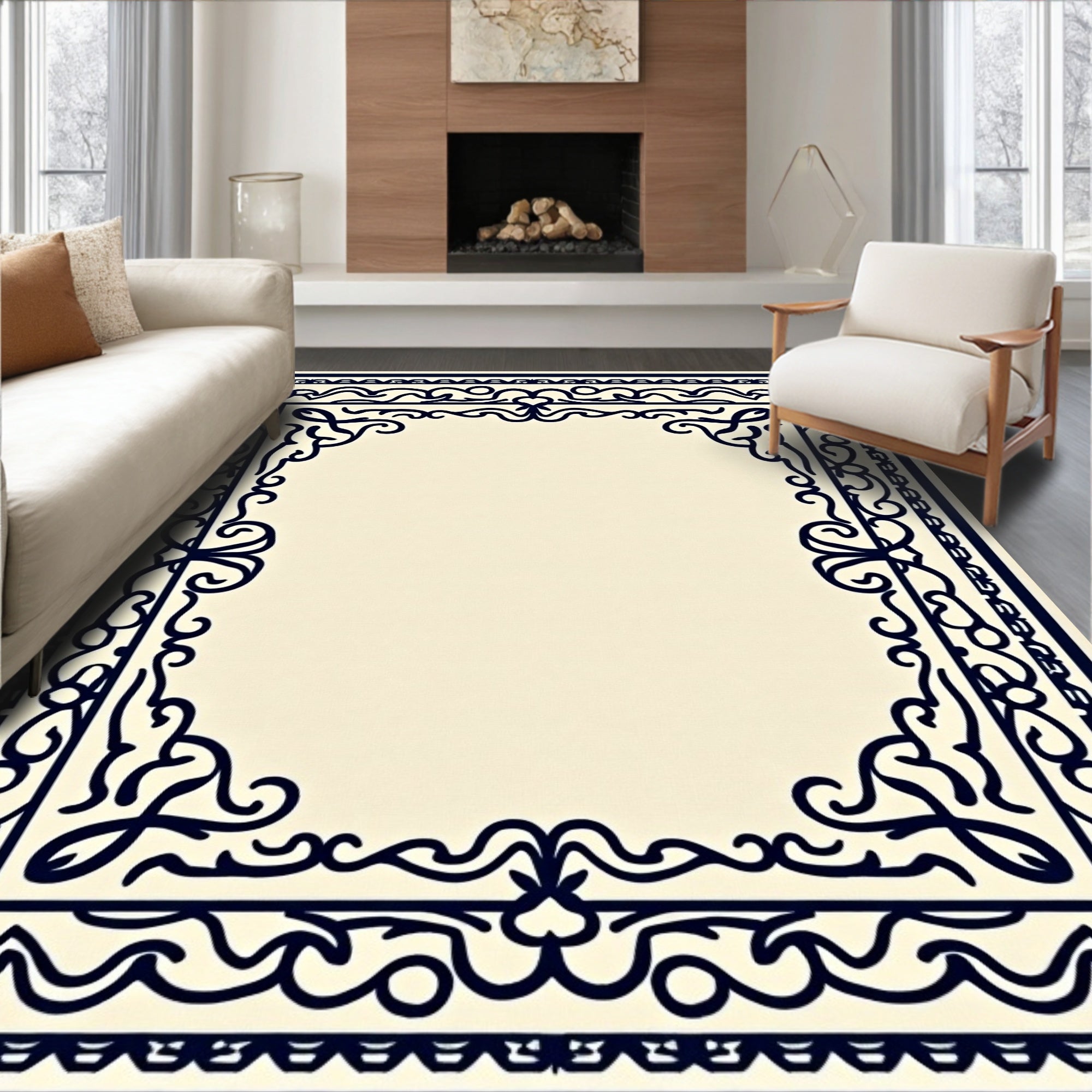 Dark Blue Ornate Scroll Border Rug