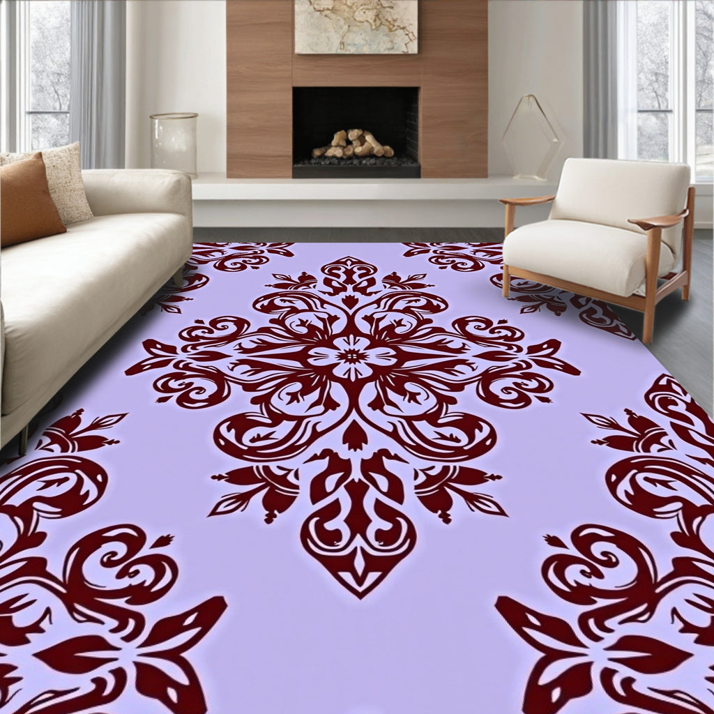 Dark Red Floral Medallion Damask Rug