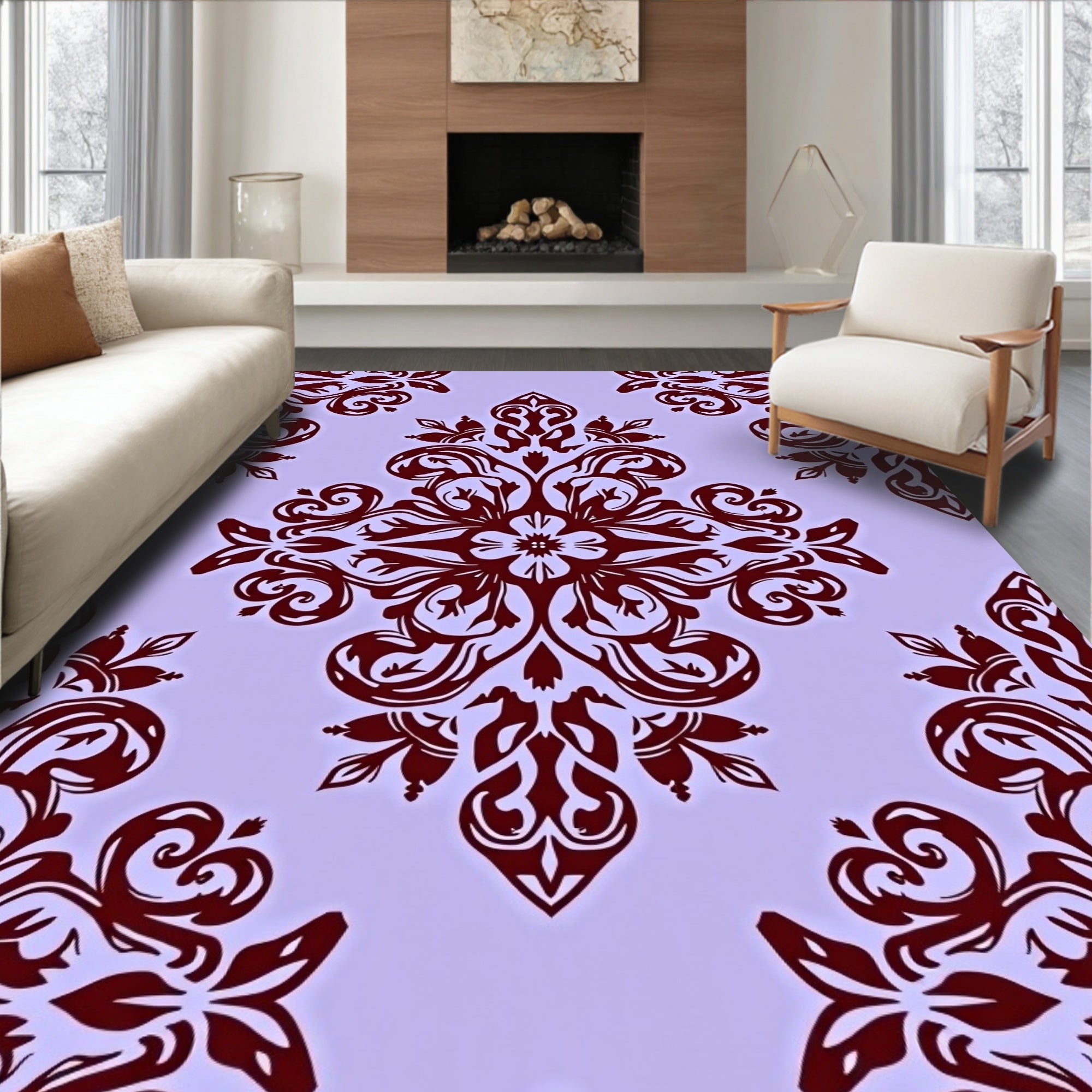 Dark Red Floral Medallion Damask Rug