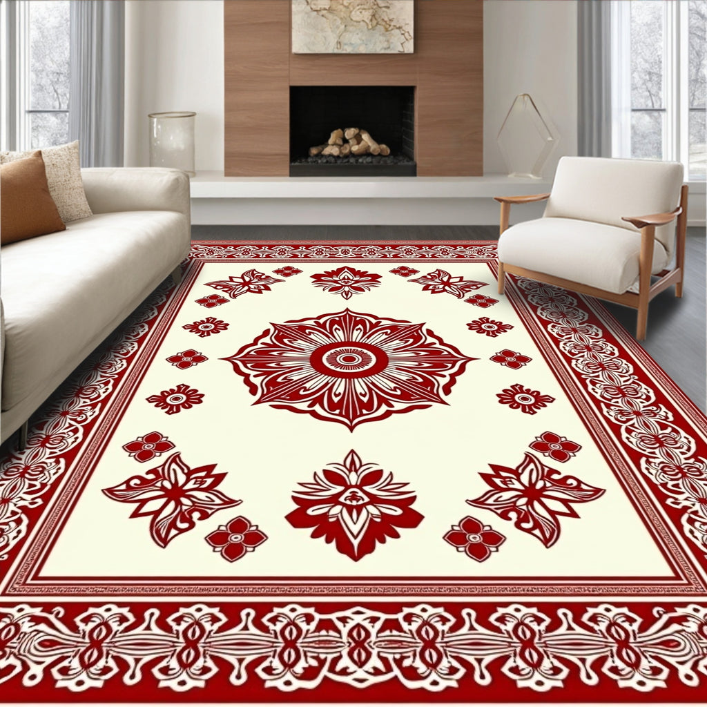 Crimson Ivory Floral Mandala Border Rug