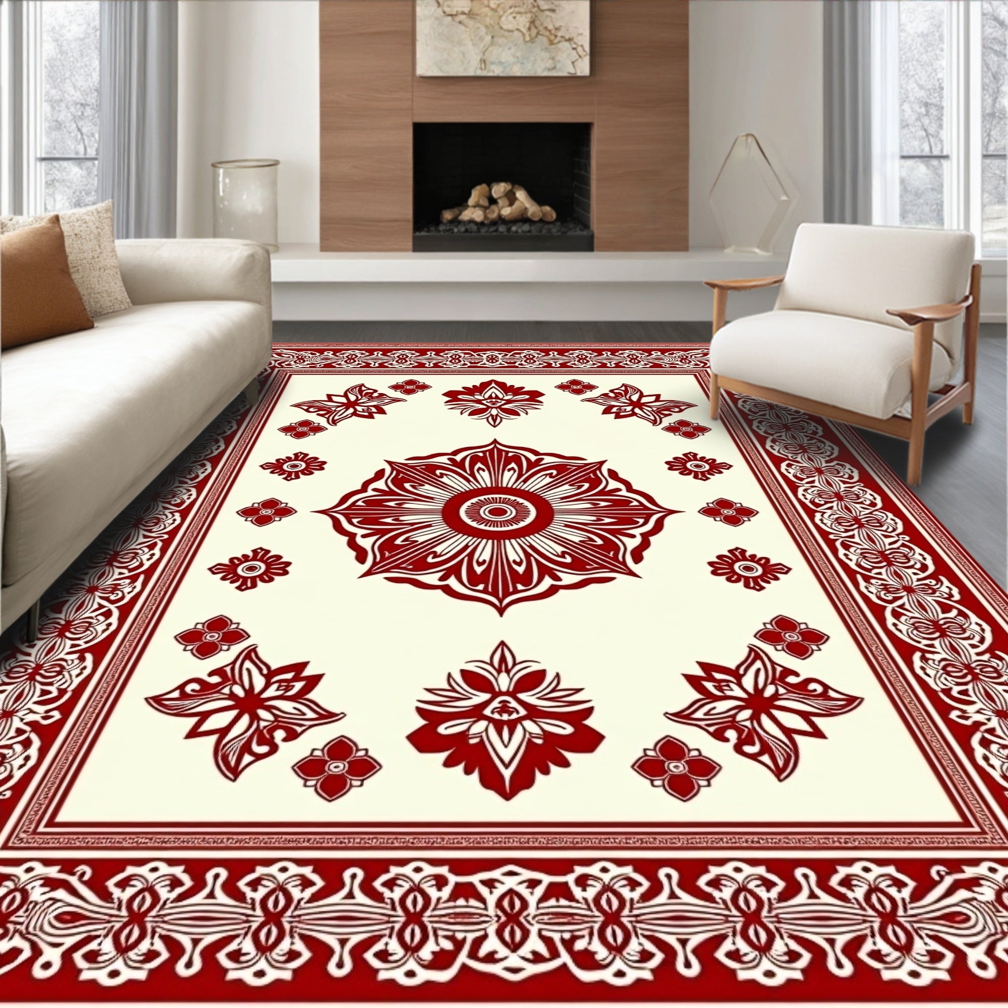 Crimson Ivory Floral Mandala Border Rug