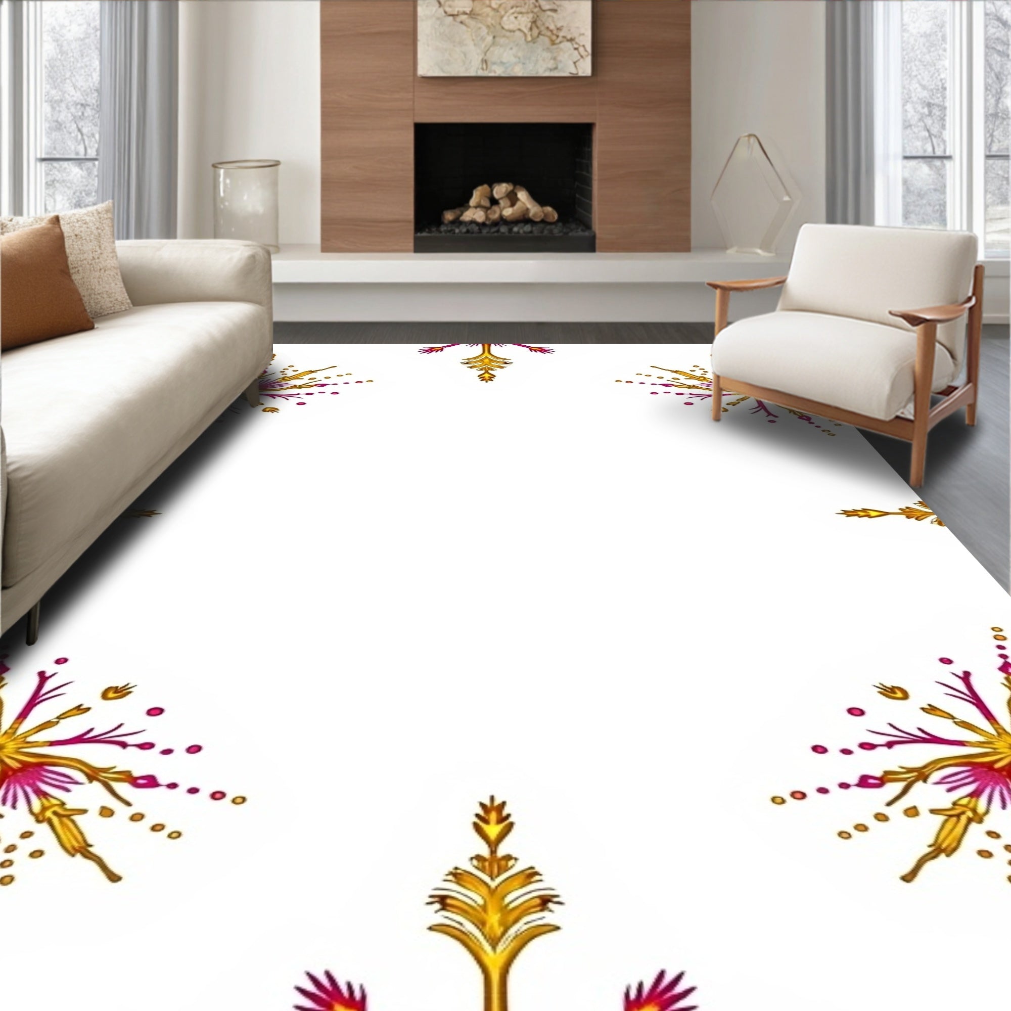 Golden Magenta Starburst Floral Corner Rug