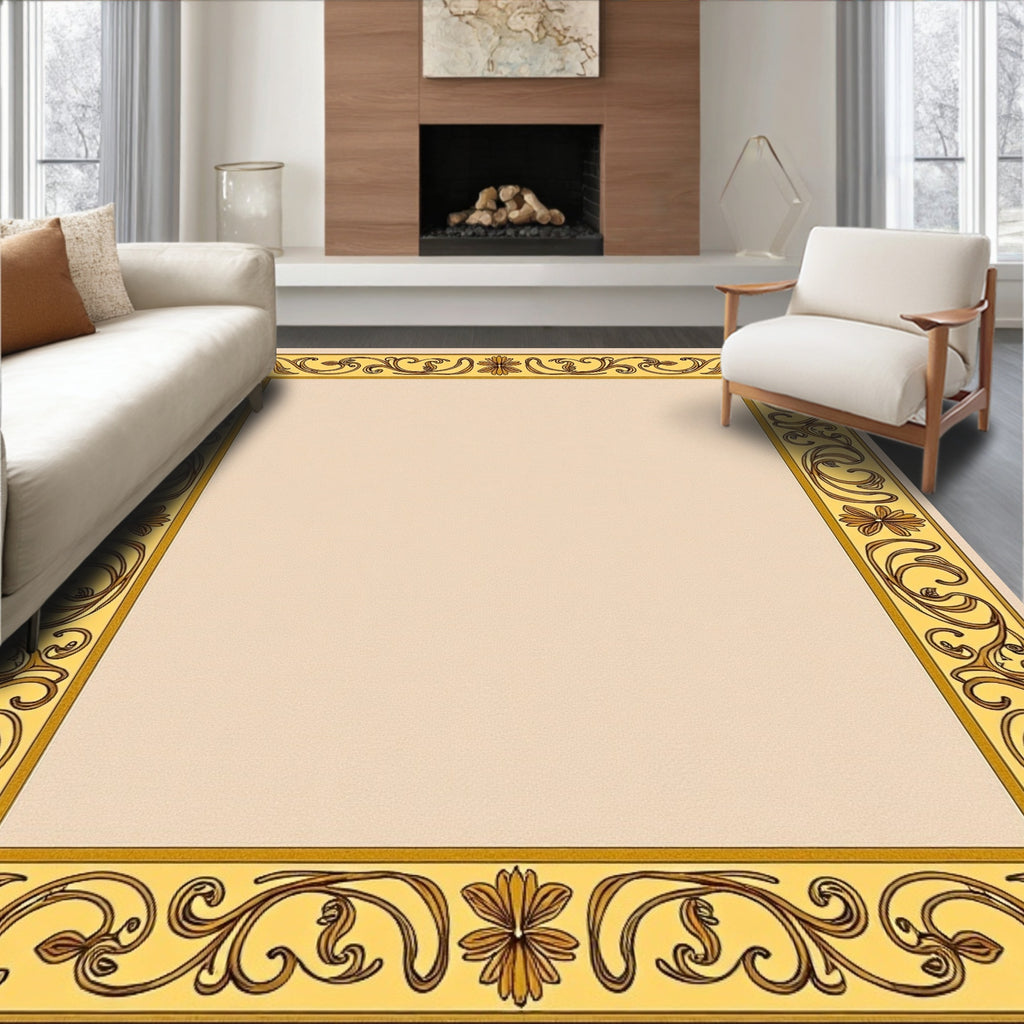 Yellow Leaf Swirl Border Rug