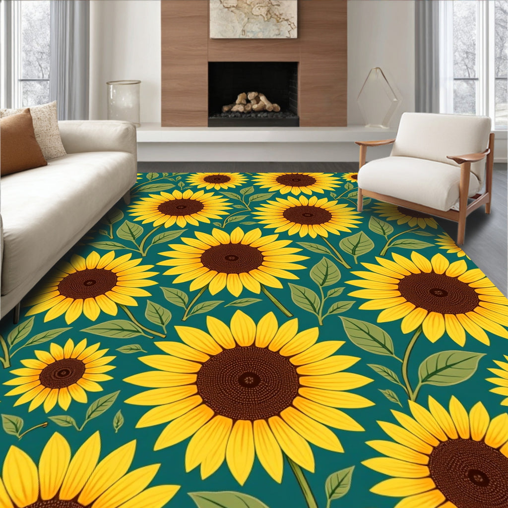 Radiant Yellow Sunflower Garden Teal Rug