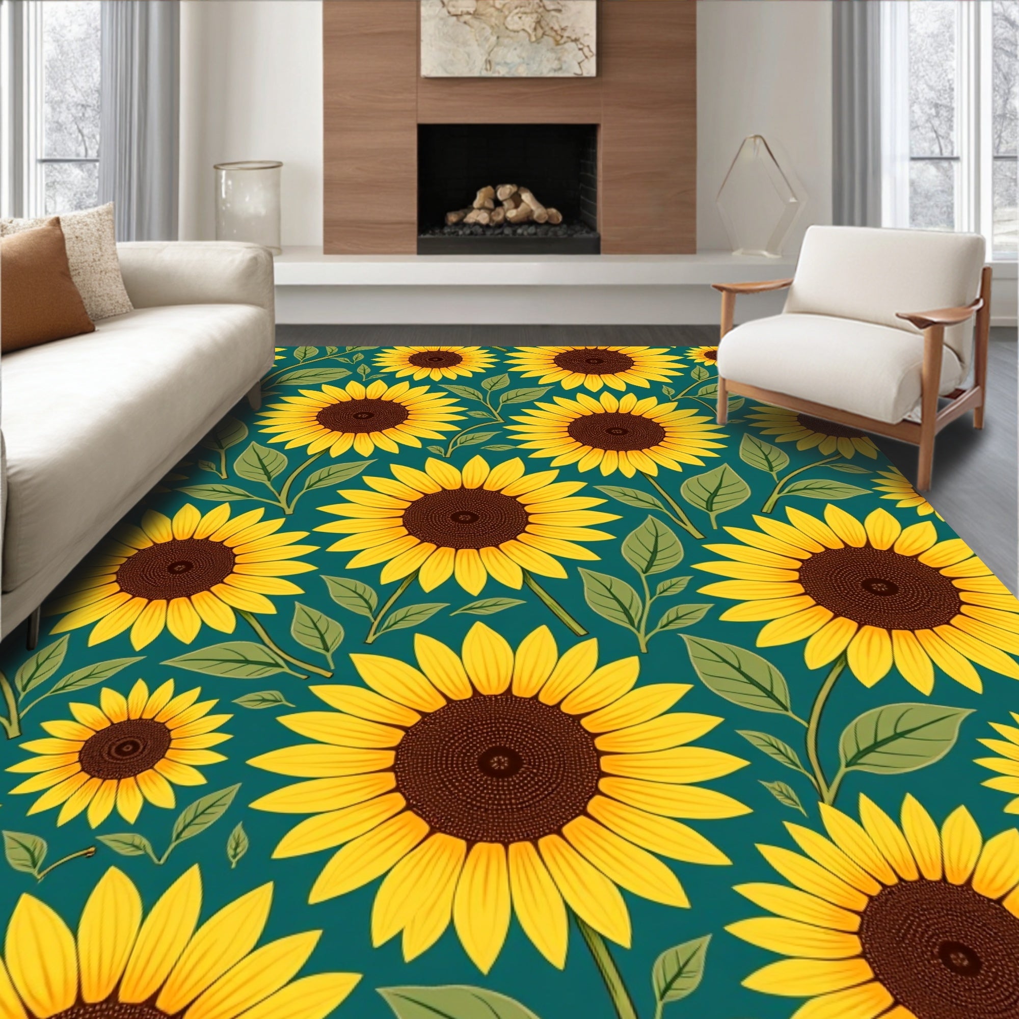 Radiant Yellow Sunflower Garden Teal Rug