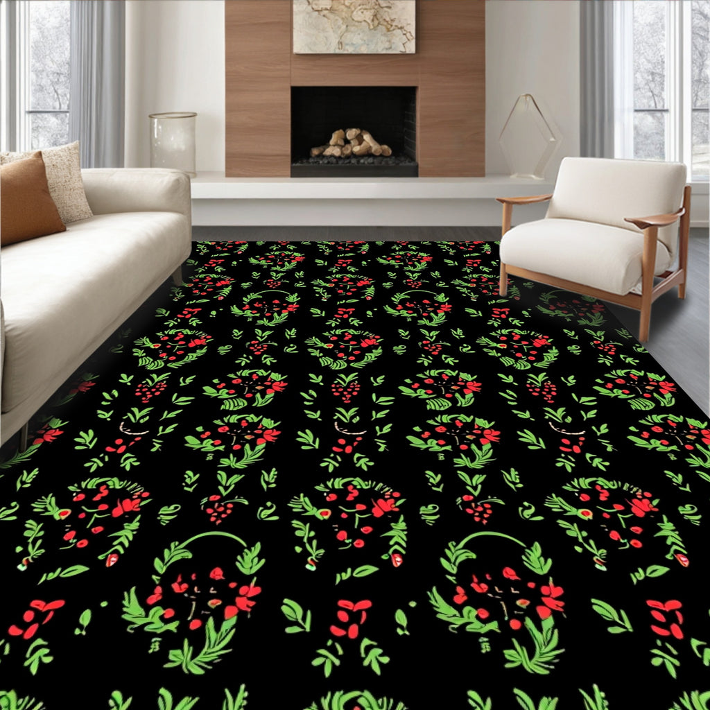 Crimson Floral Garland Black Background Rug