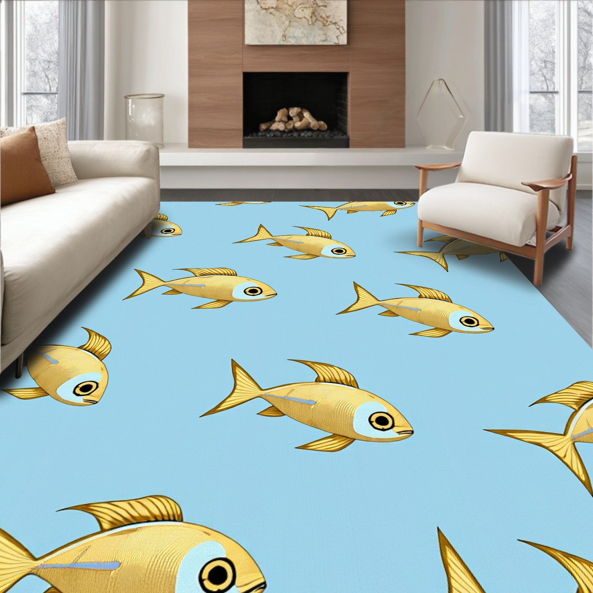 Golden Fish School Blue Aqua Rug