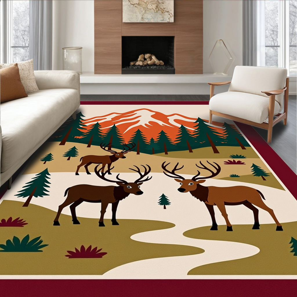 Woodland Elk Majestic Mountain Scene Rug