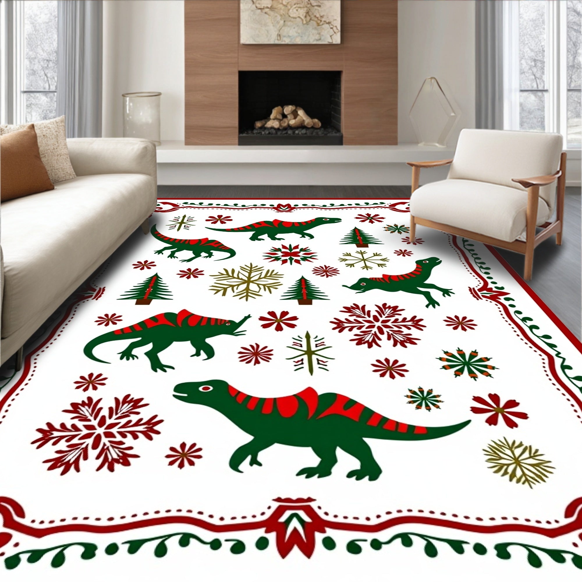 Green Red Dinosaur Snowflake Christmas Trees Rug