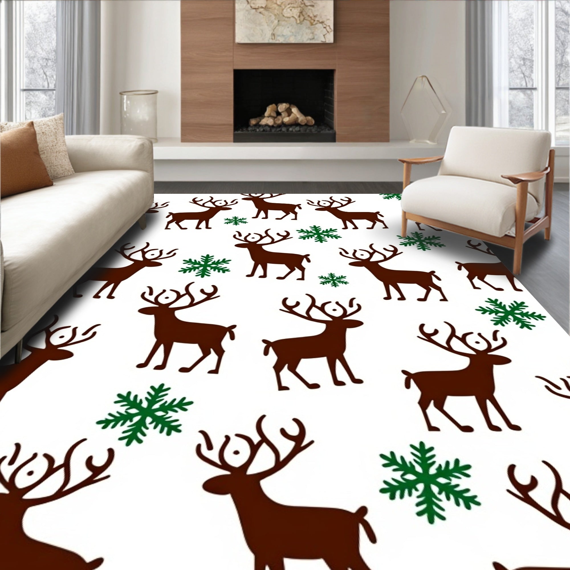 Brown Reindeer Green Snowflakes Repeat Rug