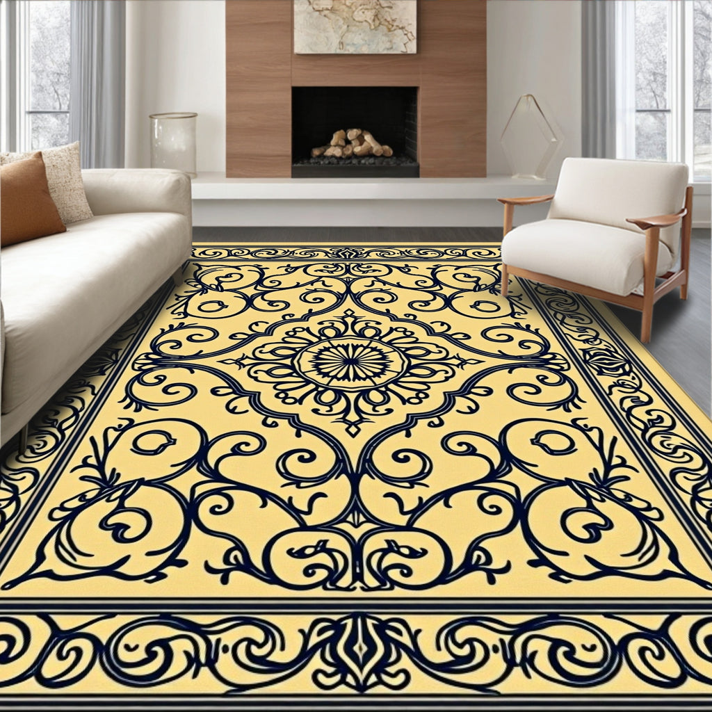Ornate Yellow Navy Floral Medallion Rug