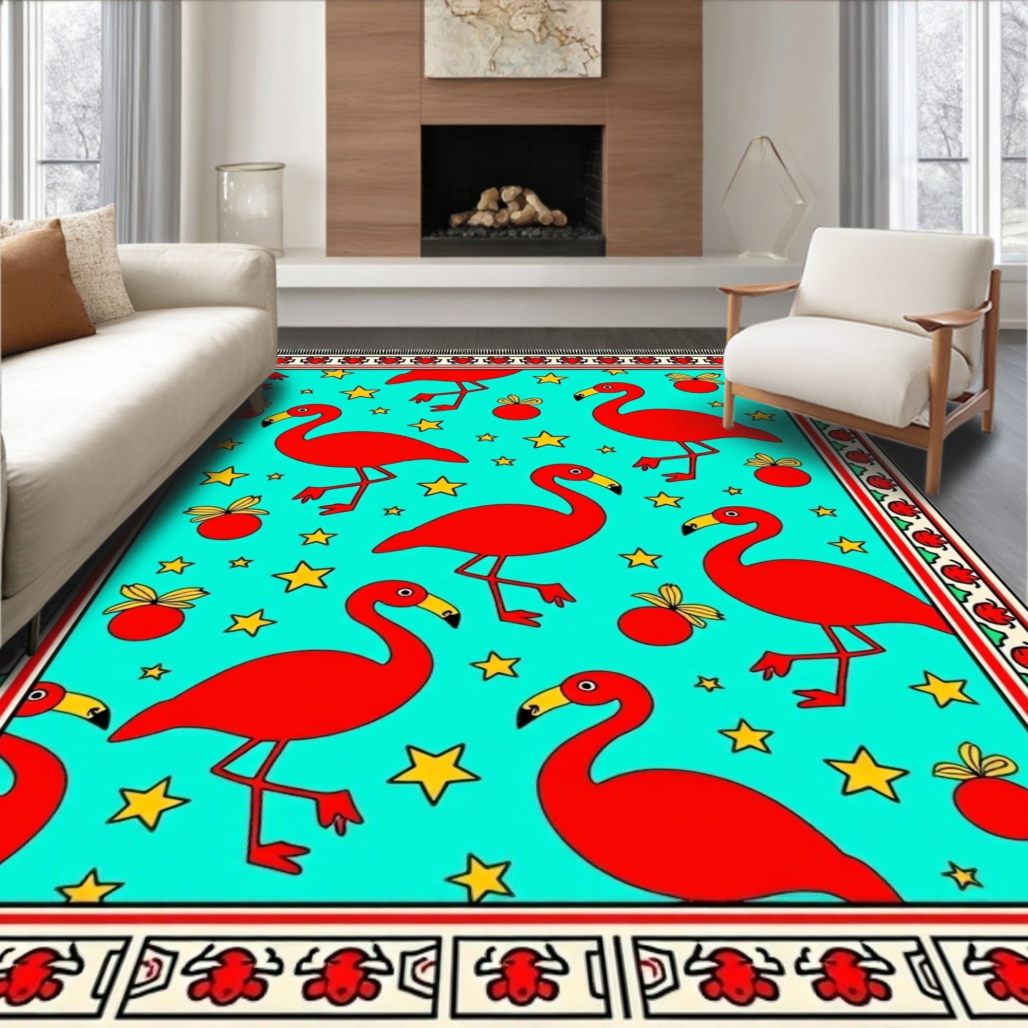Vibrant Red Flamingo Stars Teal Rug