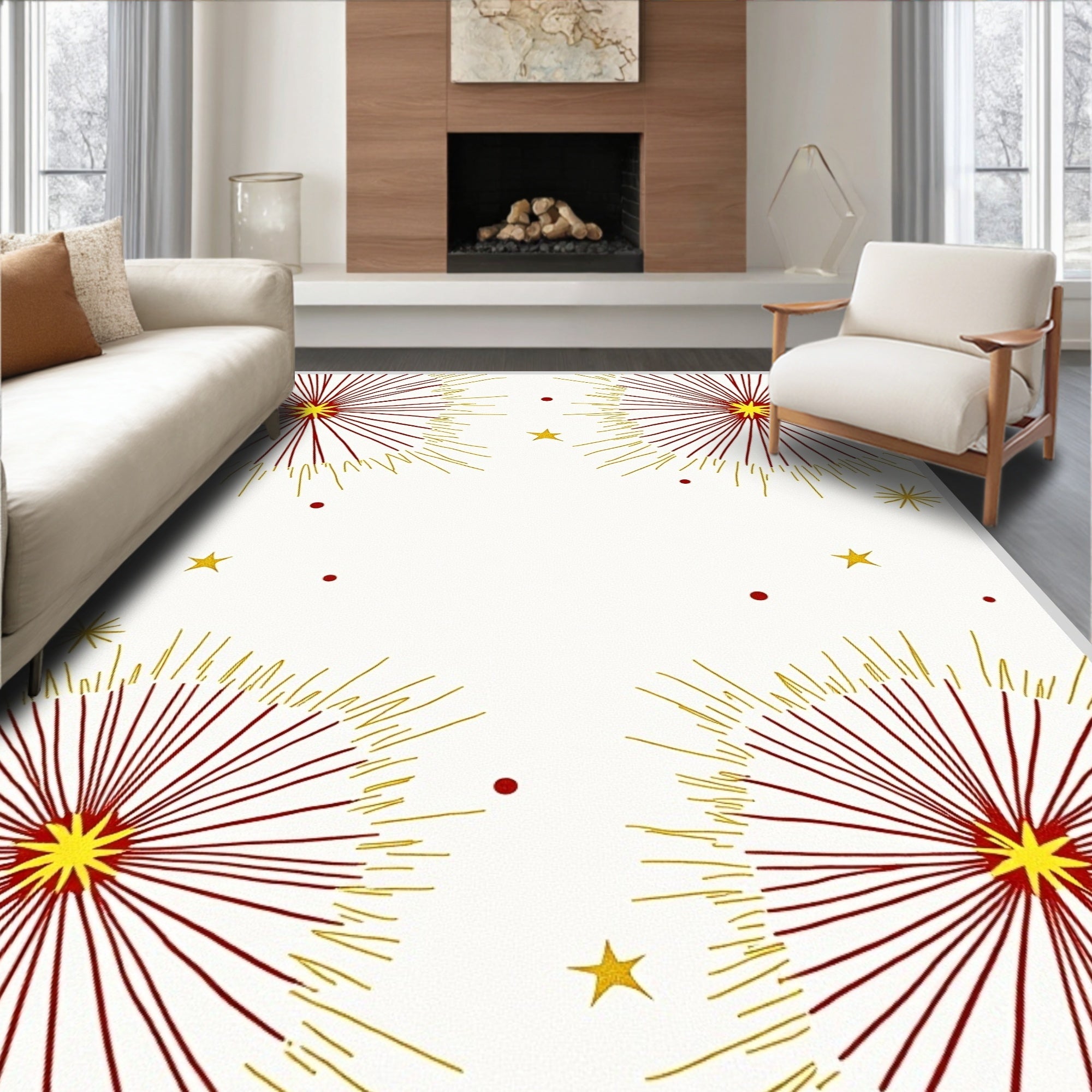 Red Yellow Starburst Firework Scatter Rug