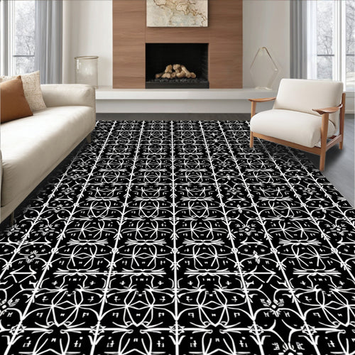 Black and White Ornate Geometric Trellis Rug