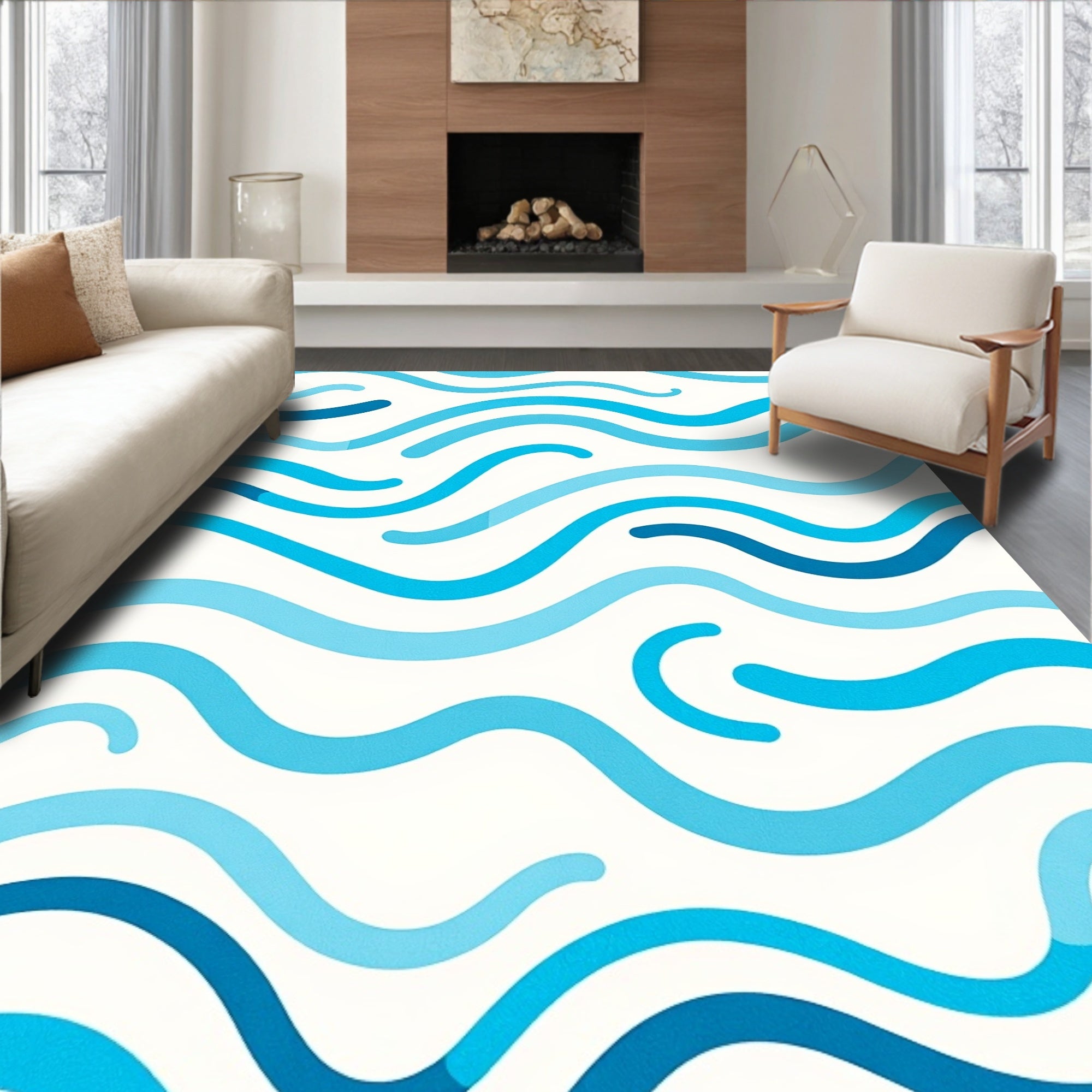 Ocean Blue Wavy Stripe Rug