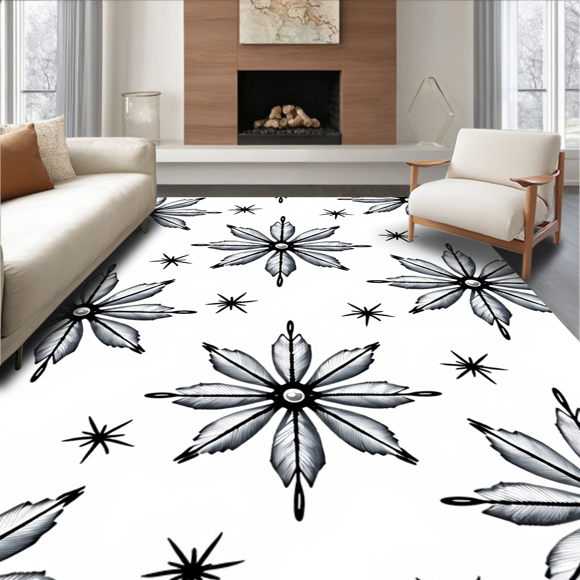 Monochromatic Starburst Feather Arrangement Rug