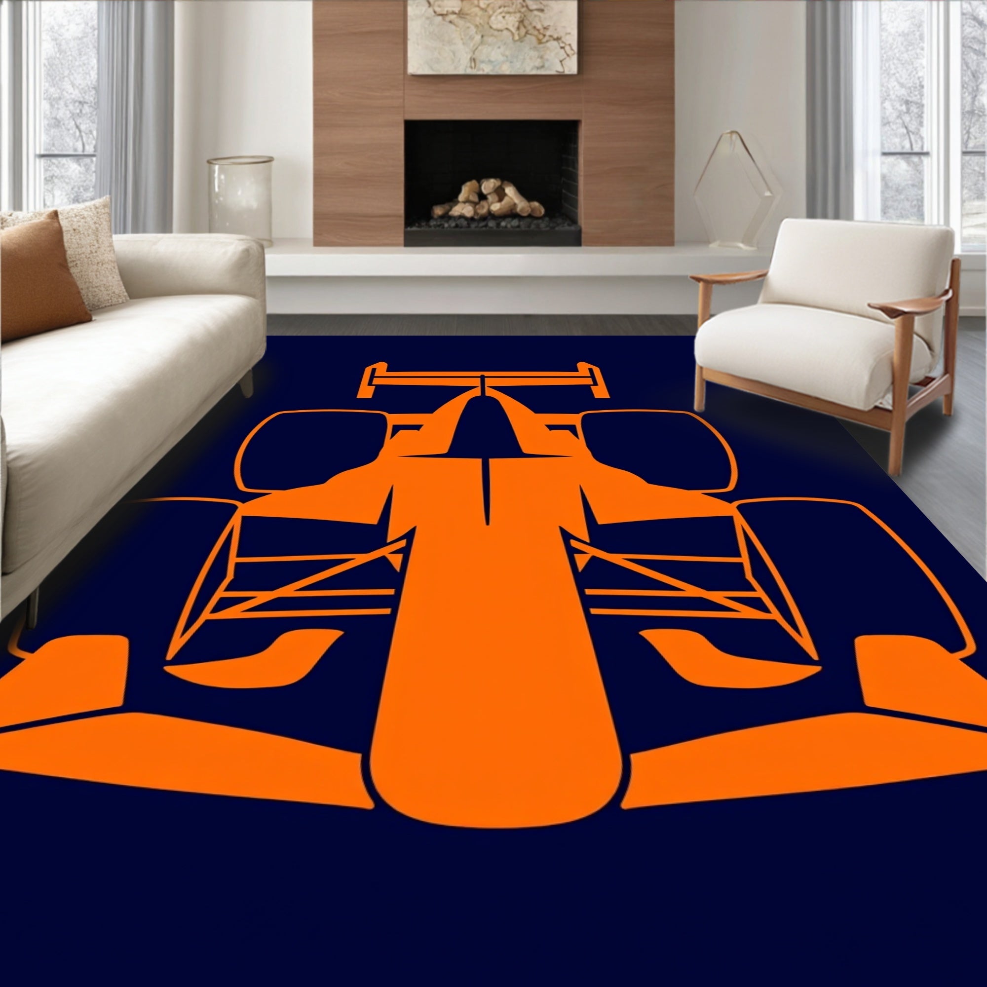 Orange Formula Car Silhouette Rug