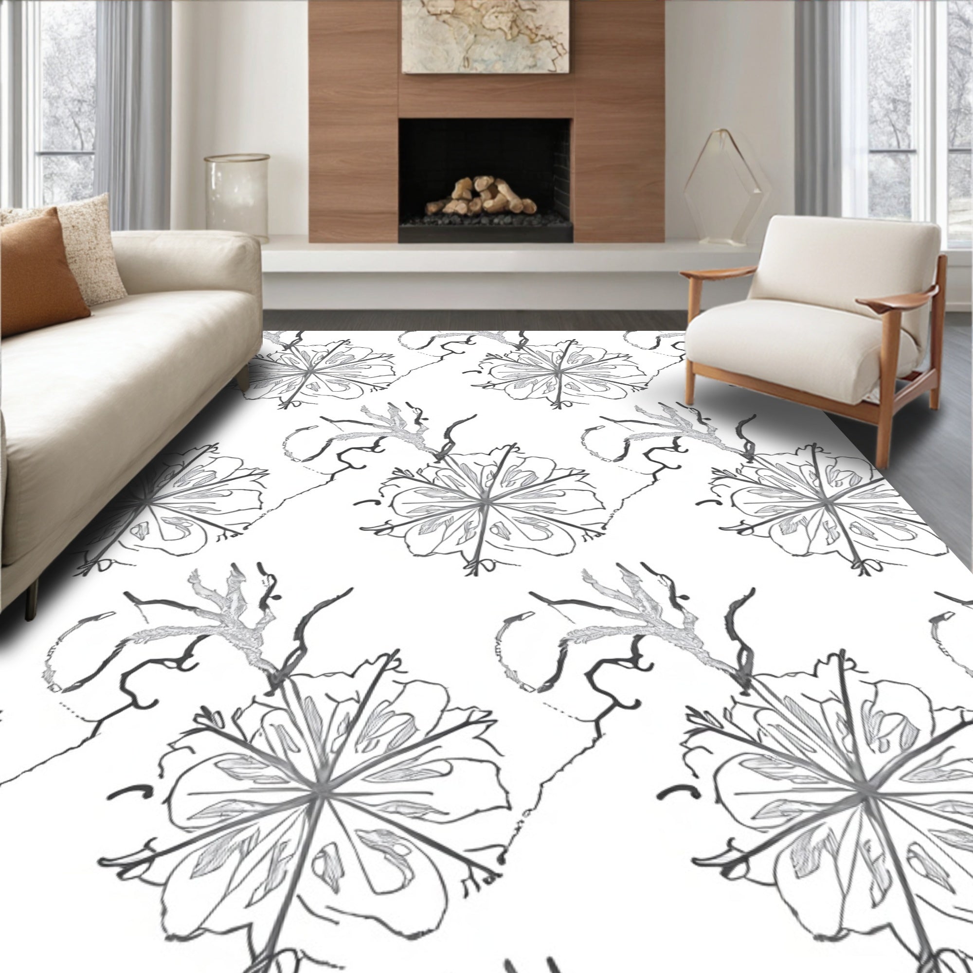 Monochromatic Floral Outline Detail Rug