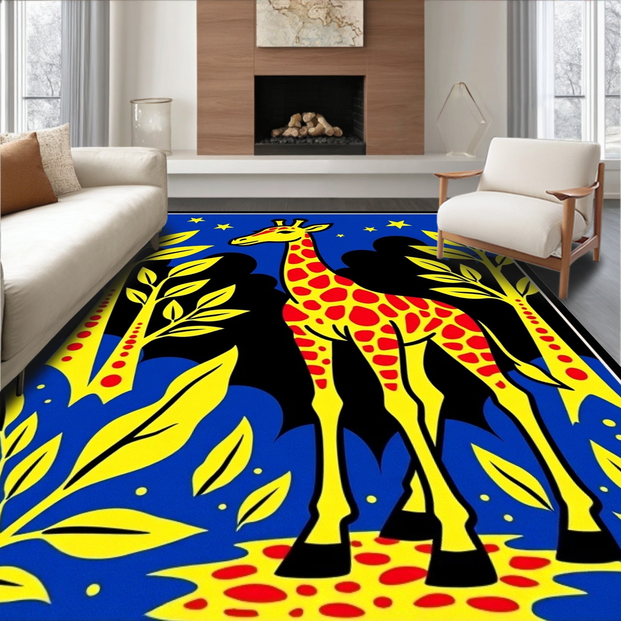 Vibrant Yellow Giraffe Starry Night Landscape Rug
