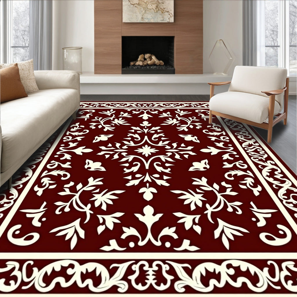 Deep Red Ivory Floral Vine Medallion Rug