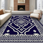 Deep Navy Ivory Geometric Diamond Medallion Rug