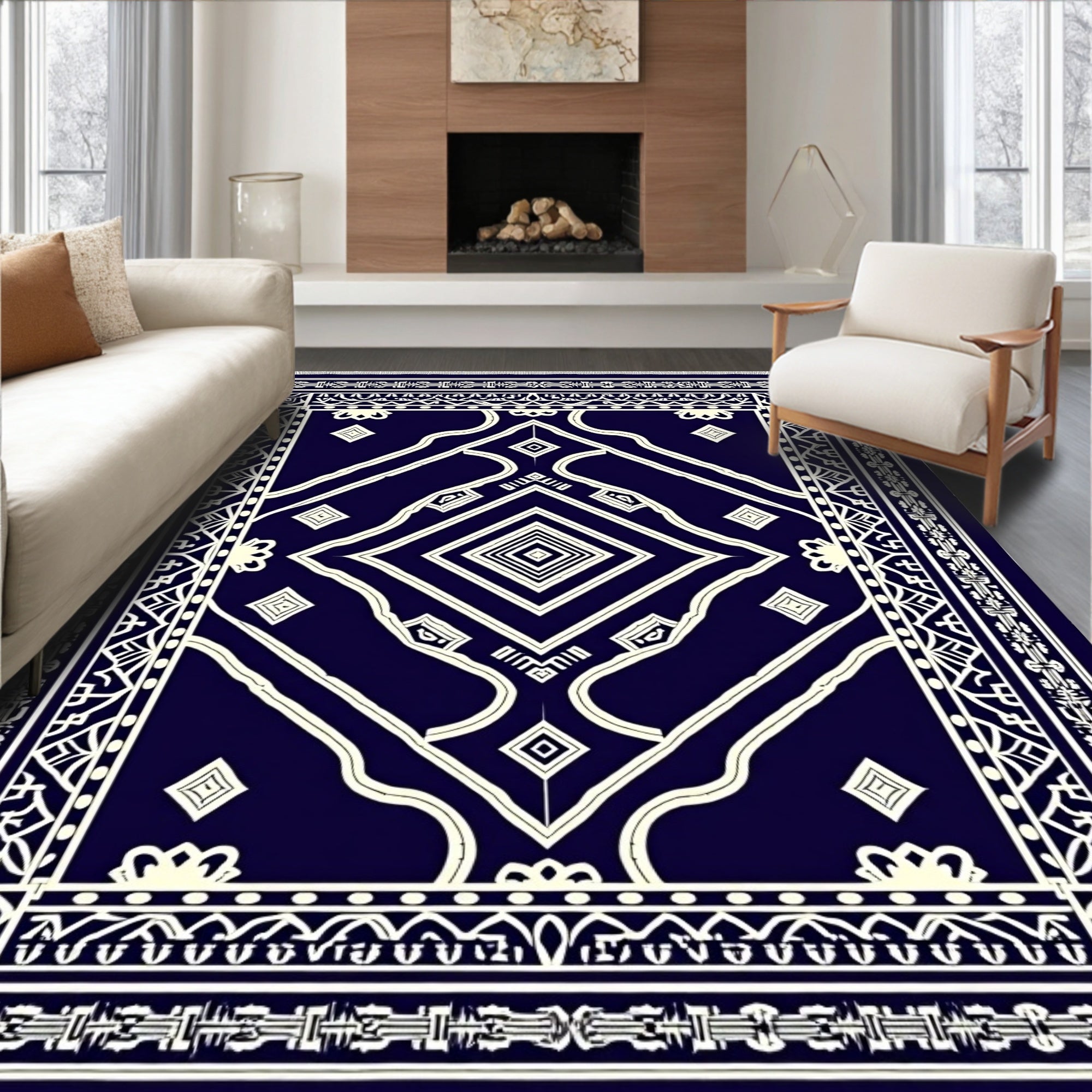 Deep Navy Ivory Geometric Diamond Medallion Rug