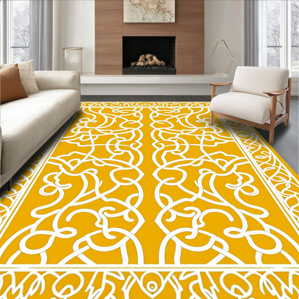 Golden Ochre Arabesque Interwoven Scrolls Rug