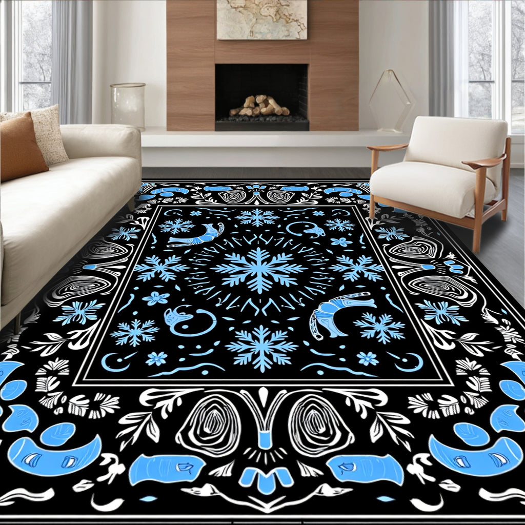 Light Blue Snowflake Black Border Rug