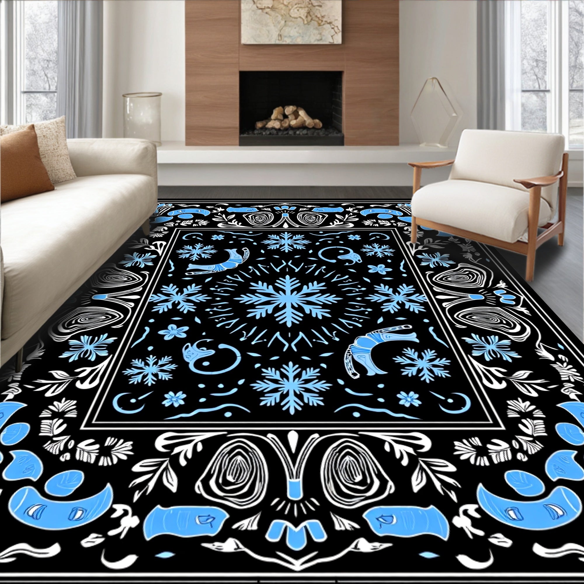 Light Blue Snowflake Black Border Rug