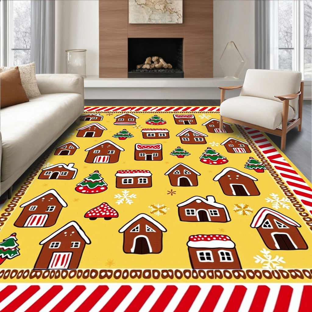Gingerbread Houses Christmas Tree Yellow Field Rug