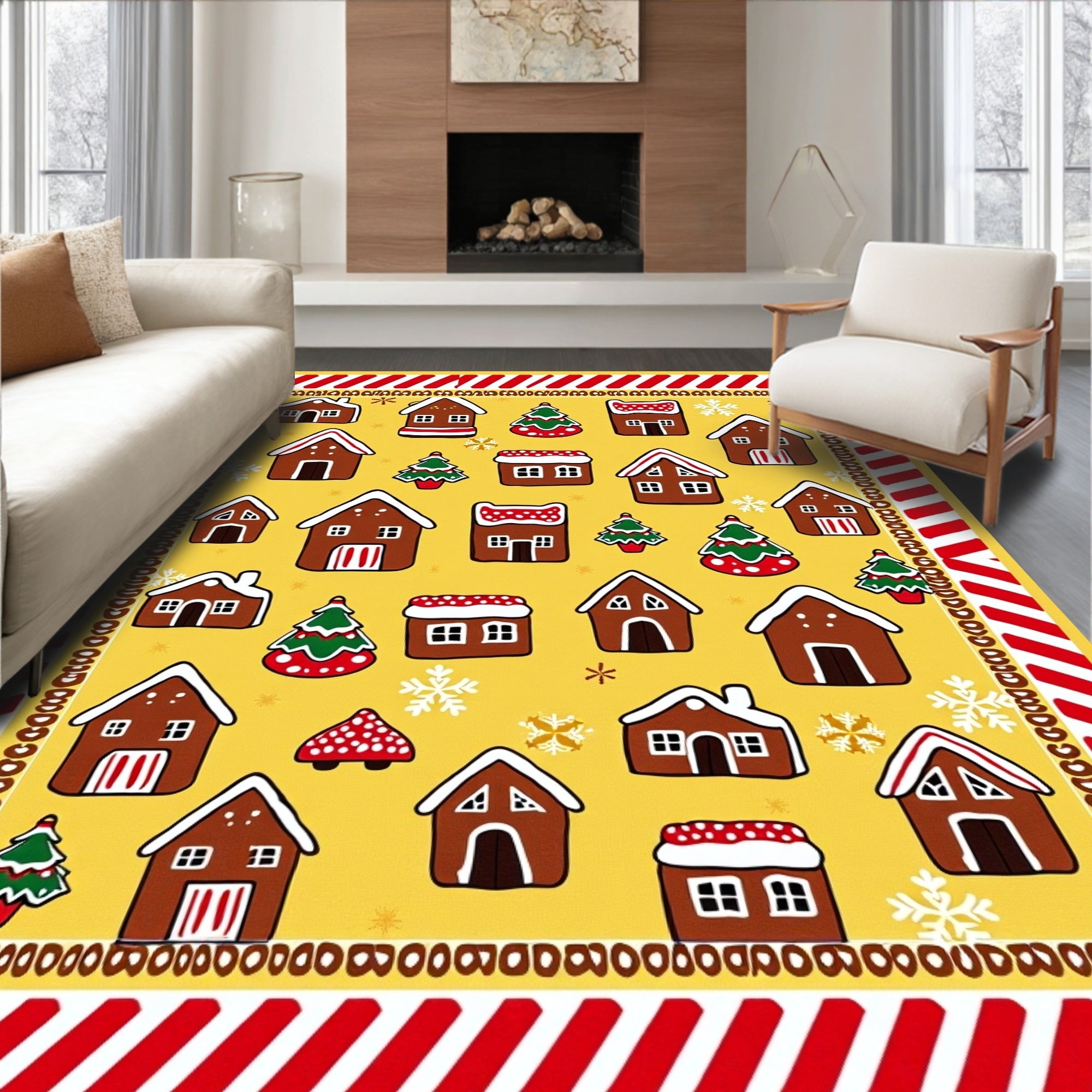 Gingerbread Houses Christmas Tree Yellow Field Rug