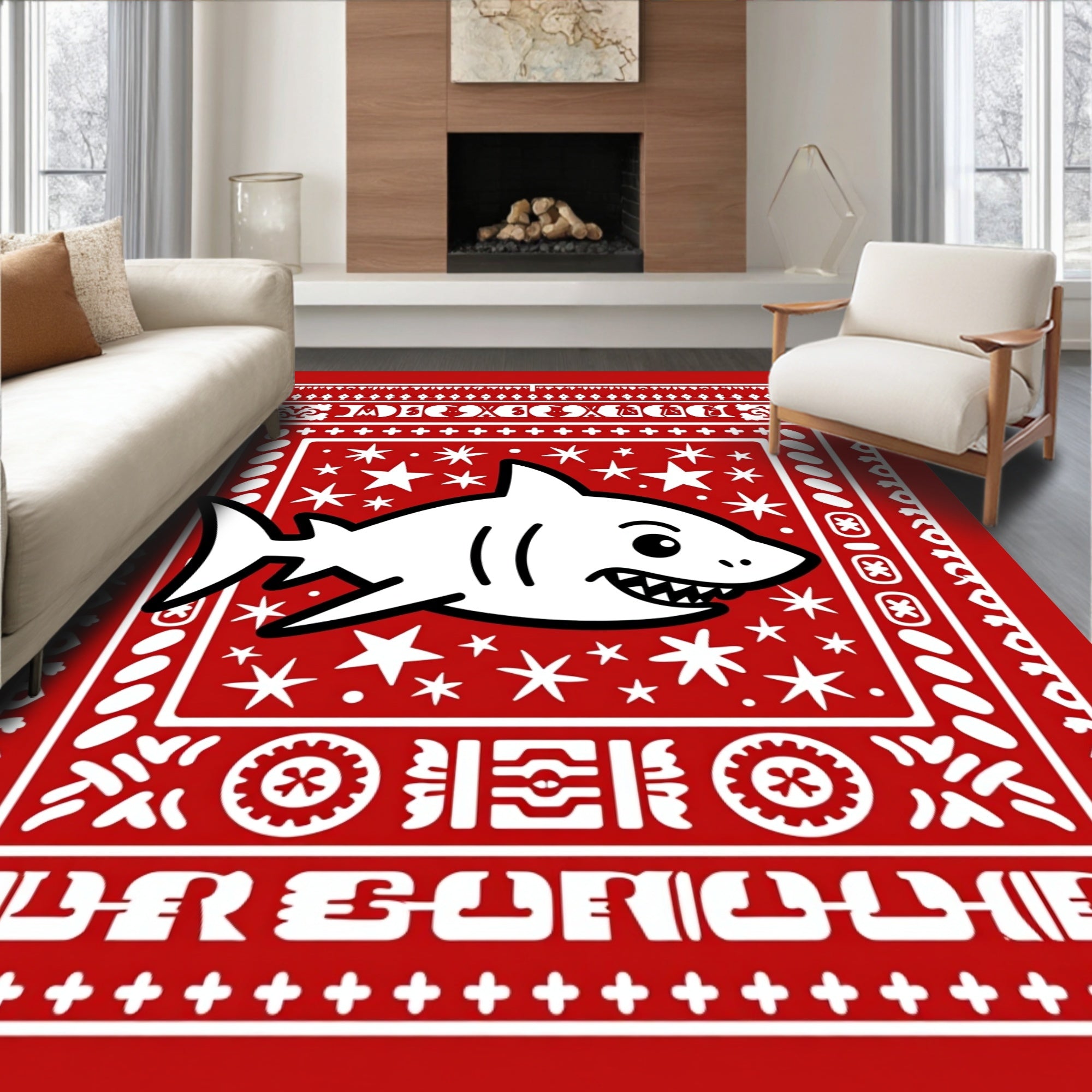 Red White Cartoon Shark Starry Night Rug
