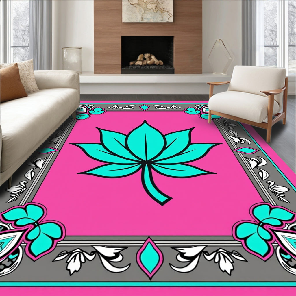 Vibrant Pink Teal Lotus Floral Frame Rug