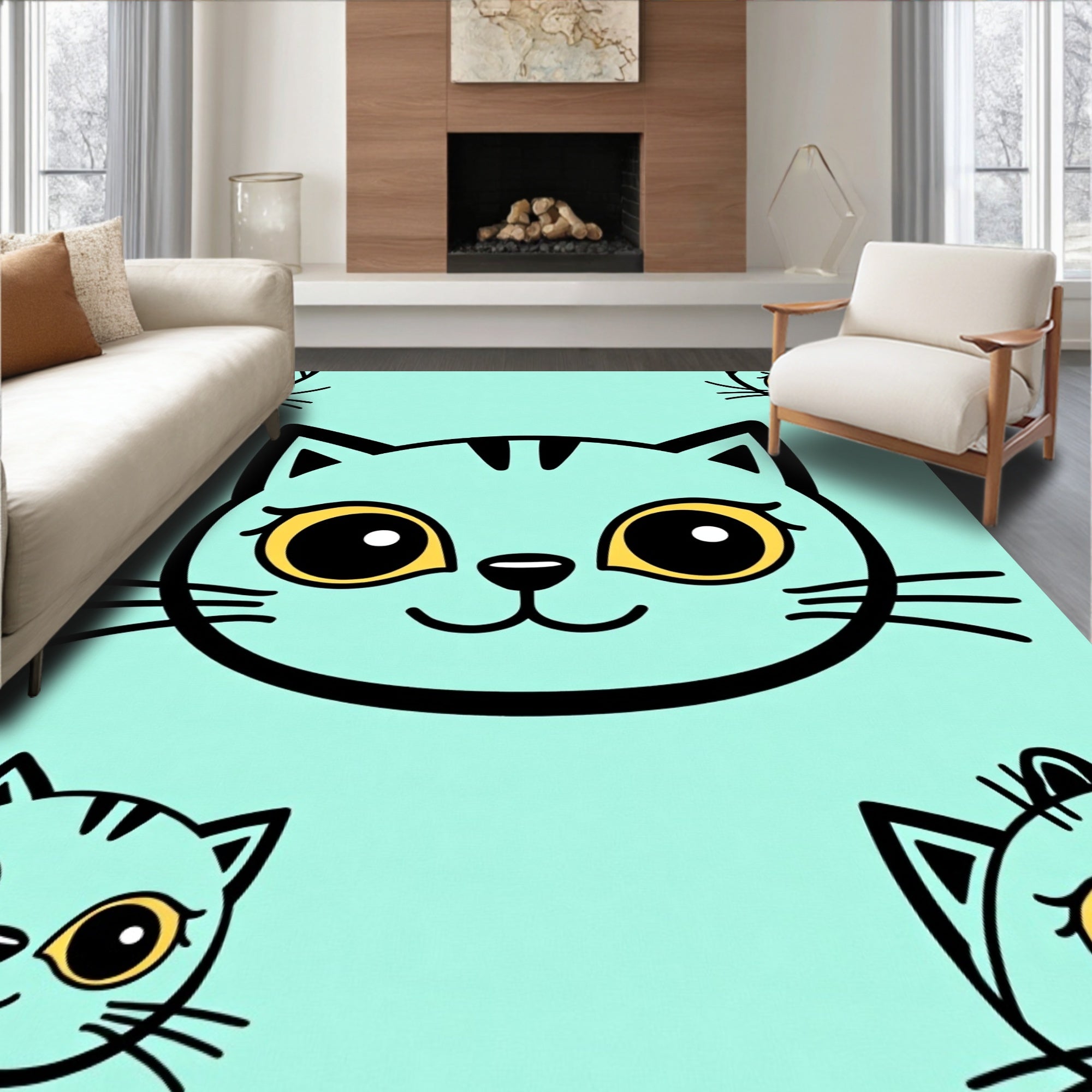 Whimsical Teal Cat Faces Rug