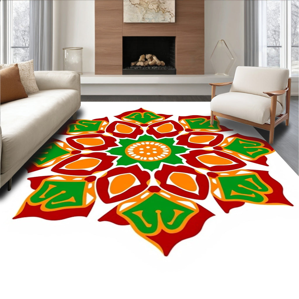Vibrant Red Green Floral Mandala Rug