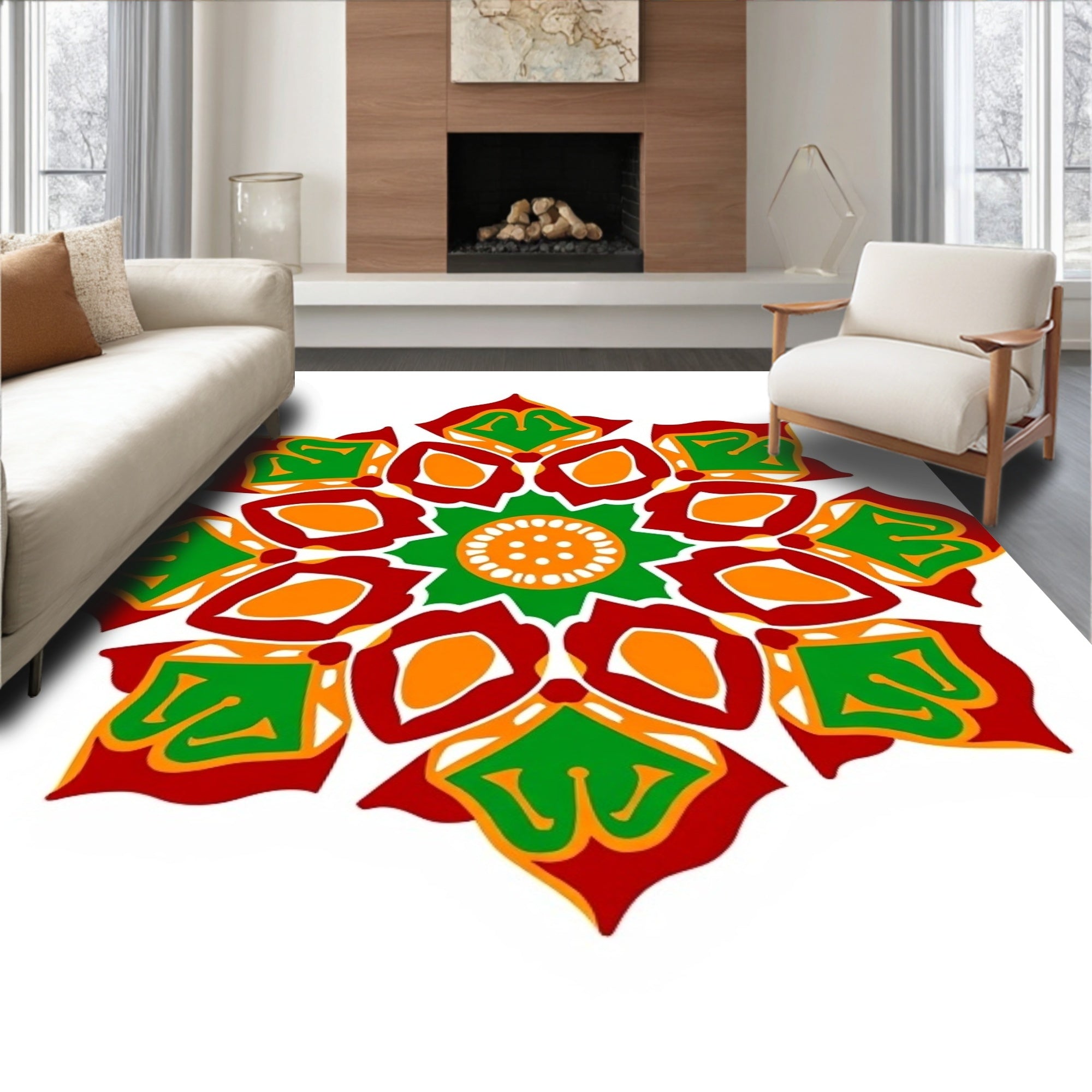 Vibrant Red Green Floral Mandala Rug
