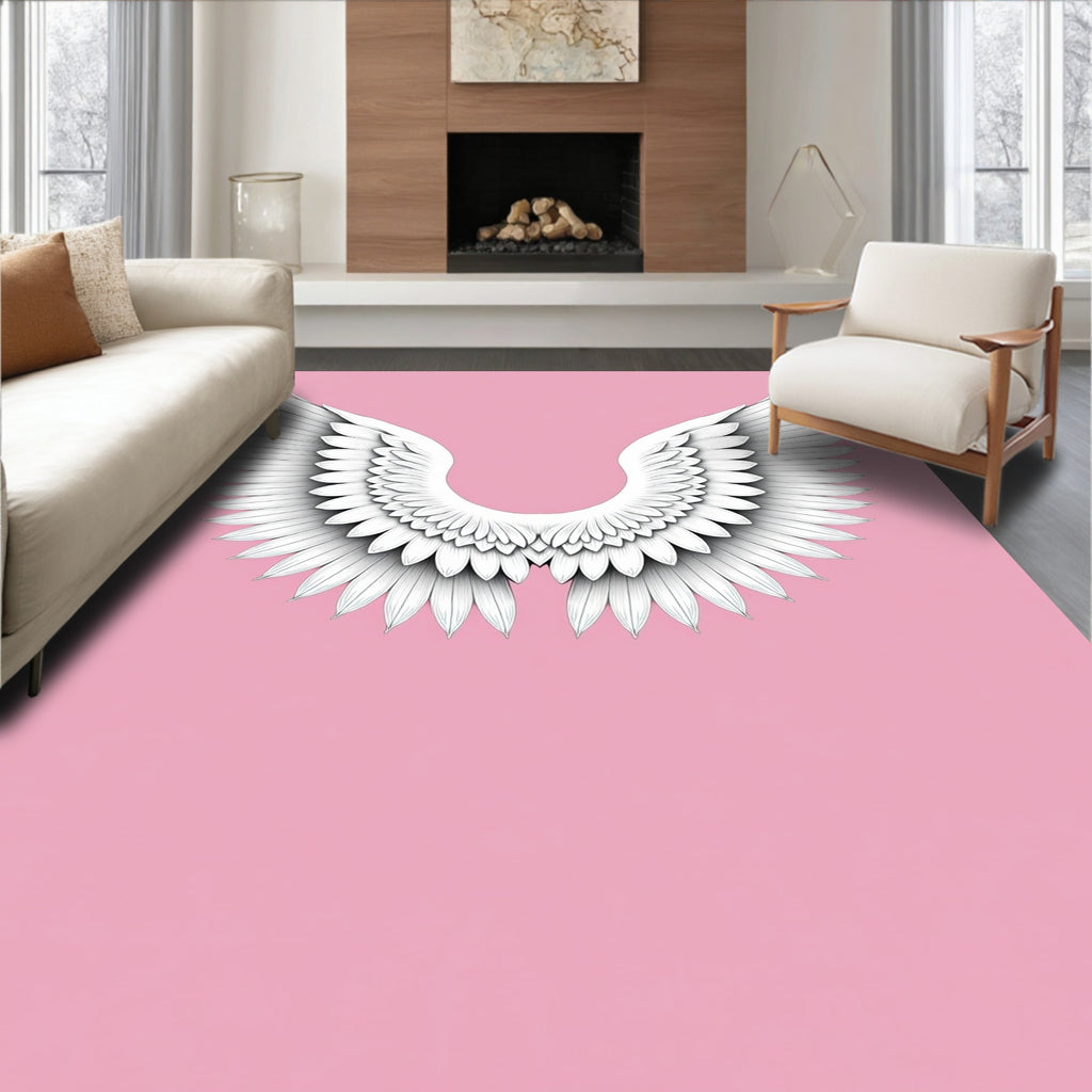 White Angelic Feather Wings Pink Background Rug