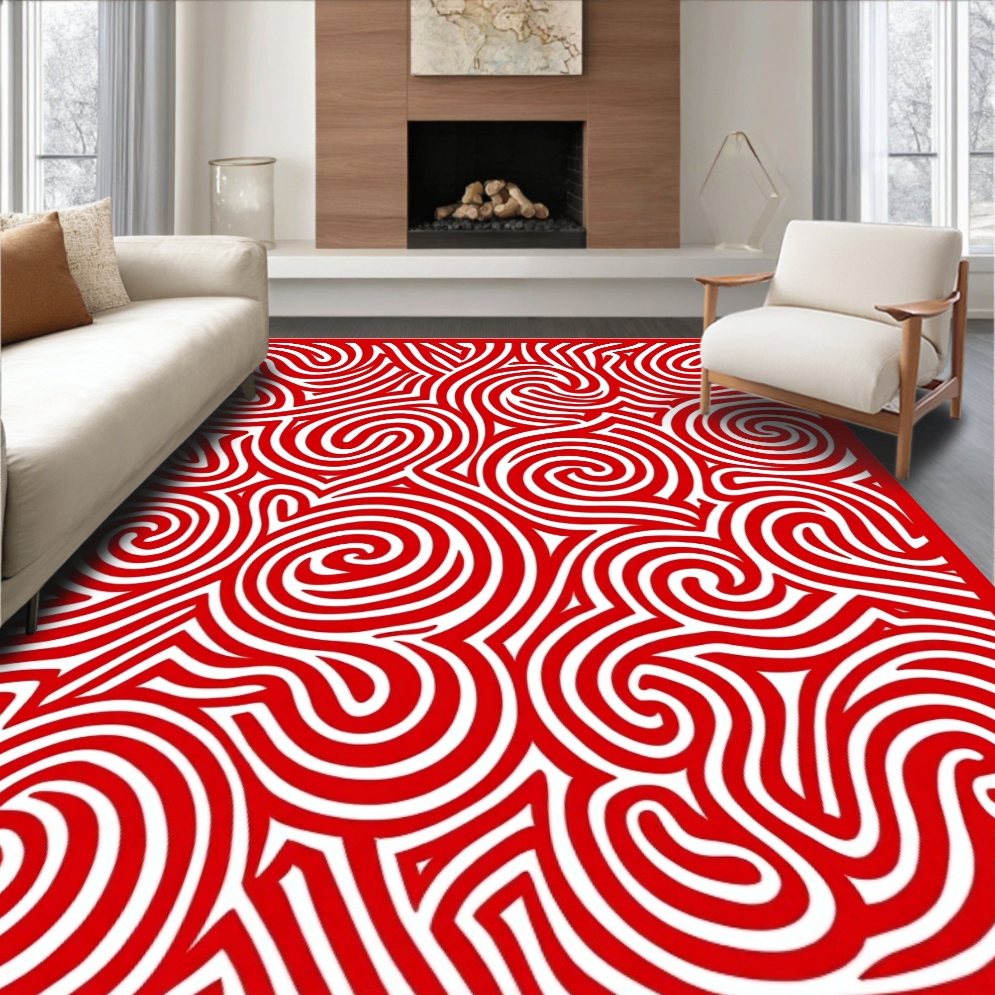 Bold Red Swirl Abstract Maze Rug