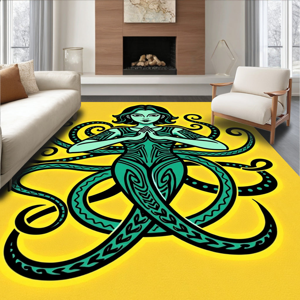 Teal Female Octopus Yellow Background Rug