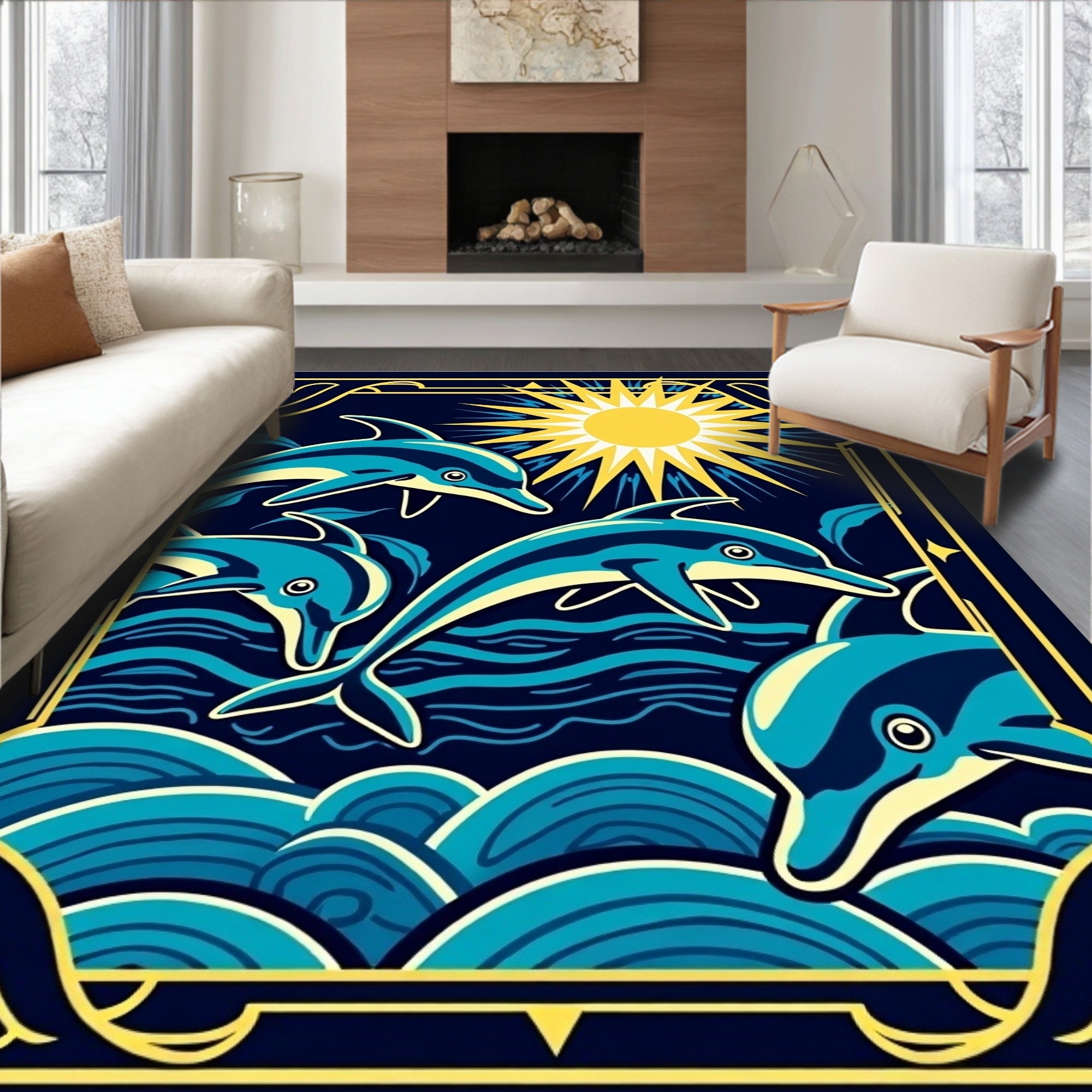 Golden Sun Dolphins Ocean Waves Rug