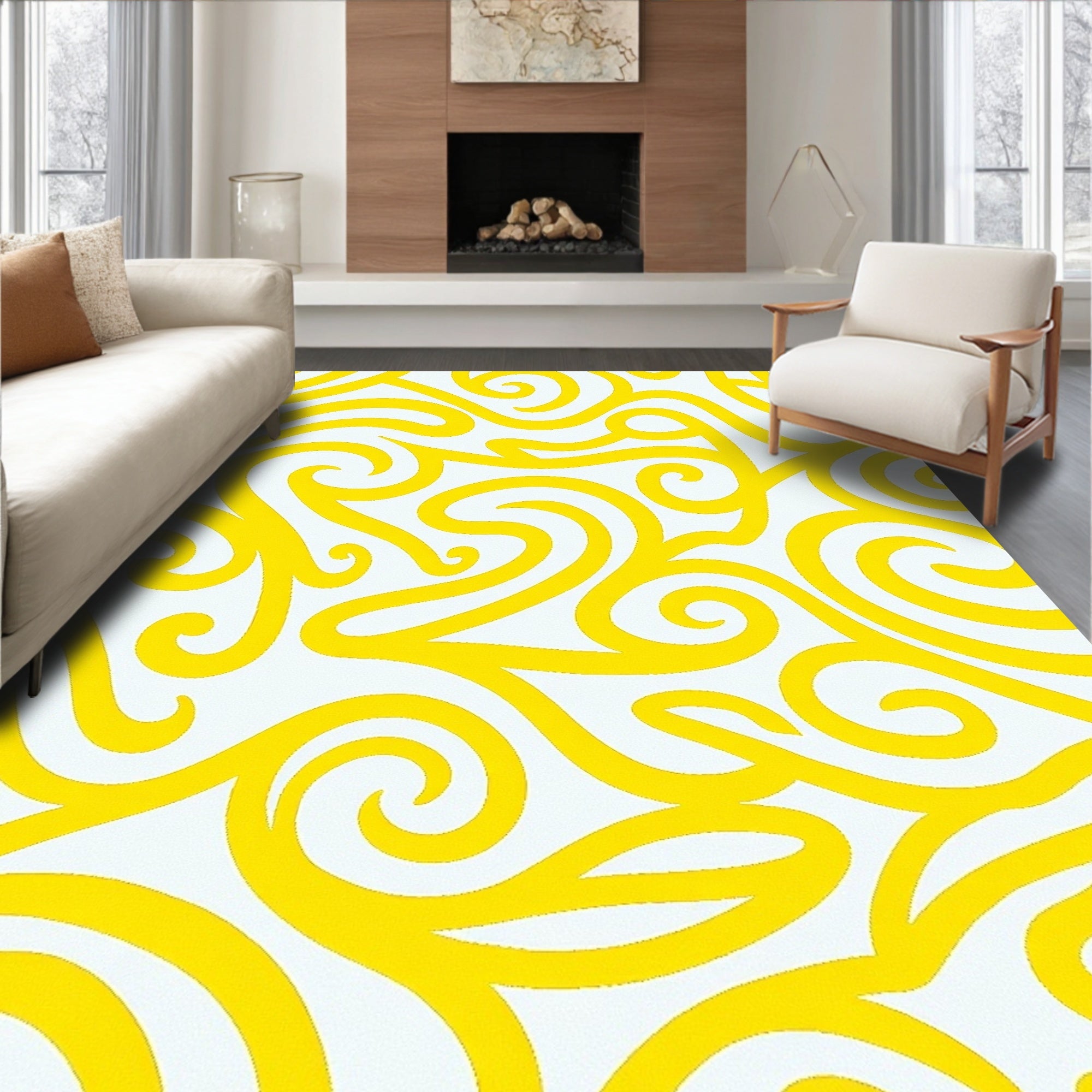 Bright Yellow Swirl Scroll Rug