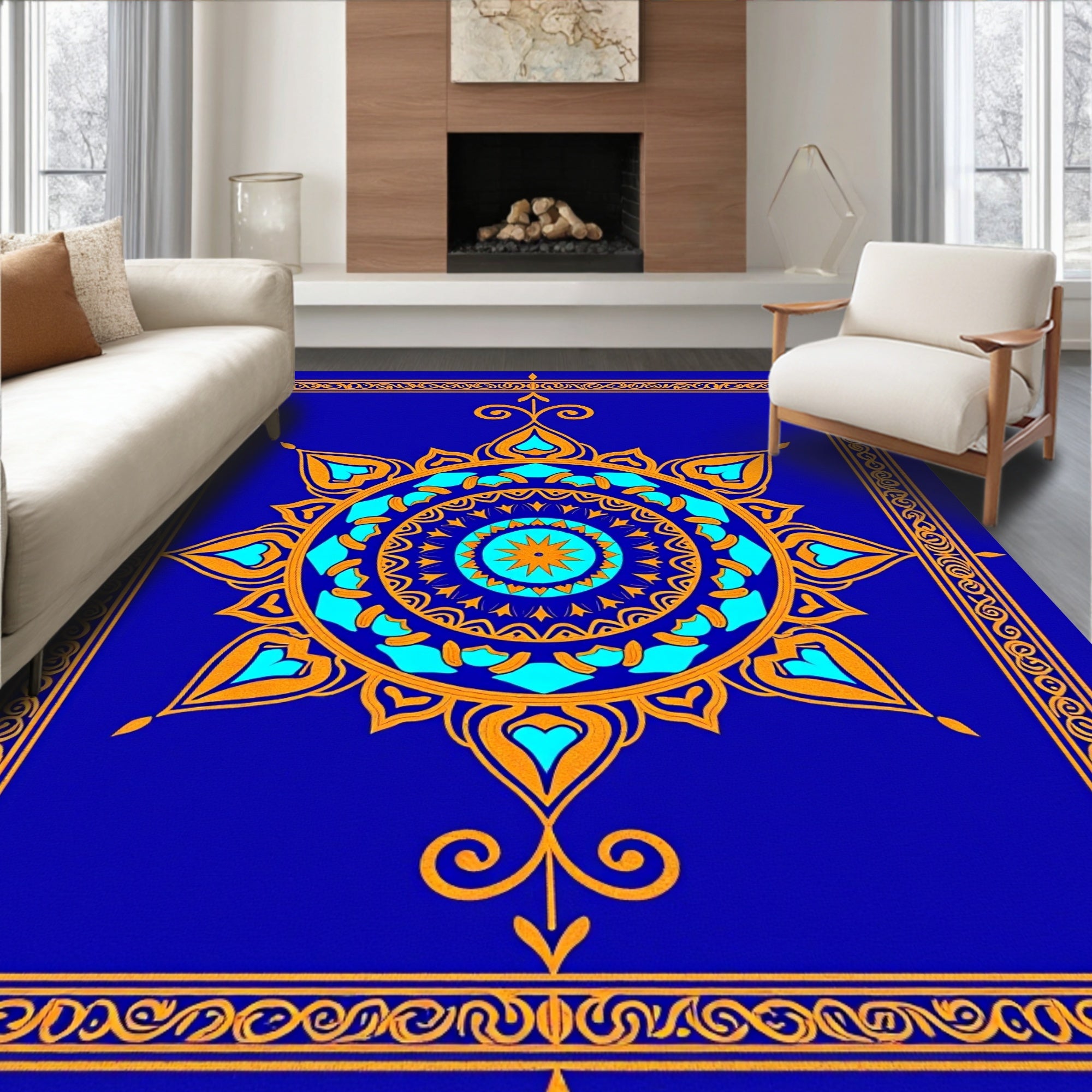 Royal Blue Orange Mandala Sunburst Rug