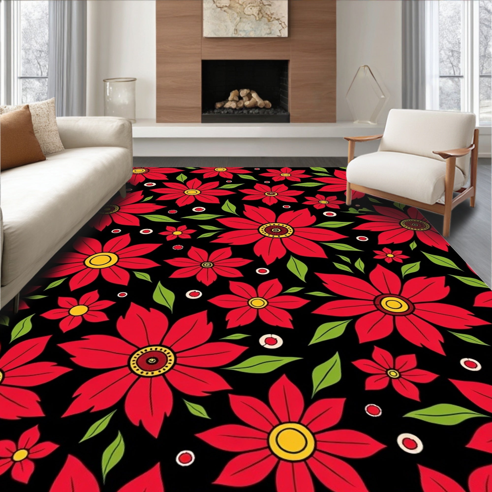 Bold Red Floral Garden Black Rug