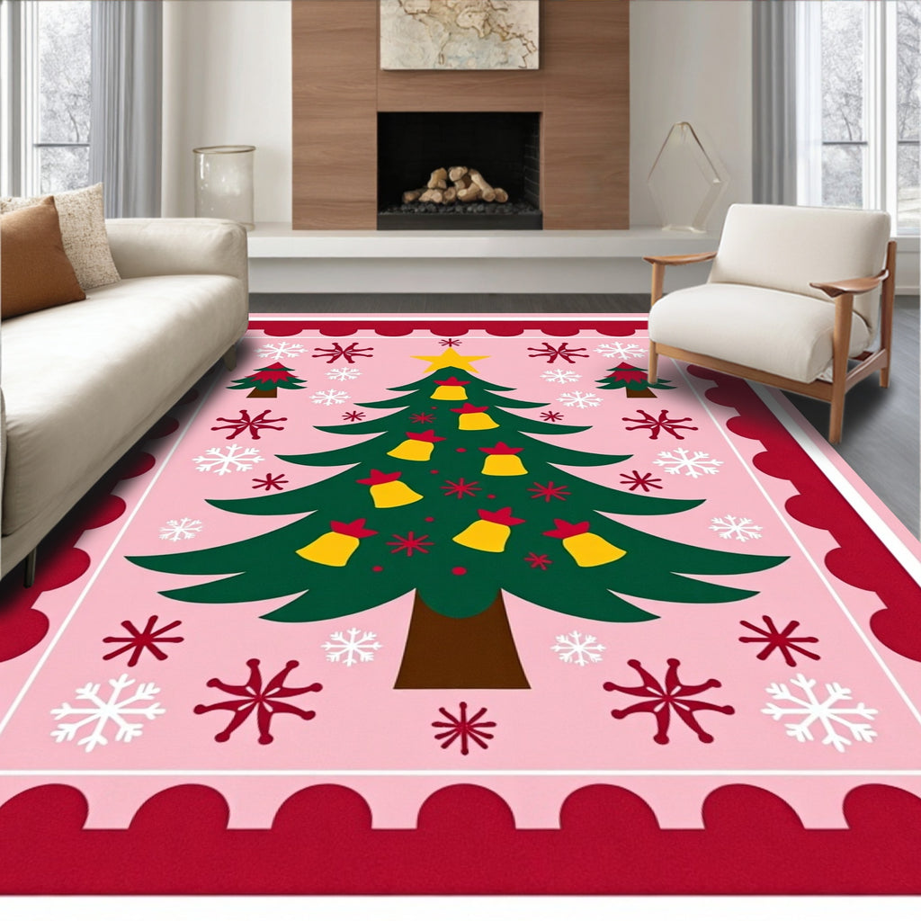Pink Christmas Tree Bell Snowflakes Rug
